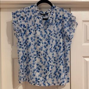 Women’s Blue Leaf Print Cap Sleeve Blouse